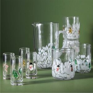 Anthropologie Icon Juice Glass Holiday Glassware Set with Snowman Tree Motifs